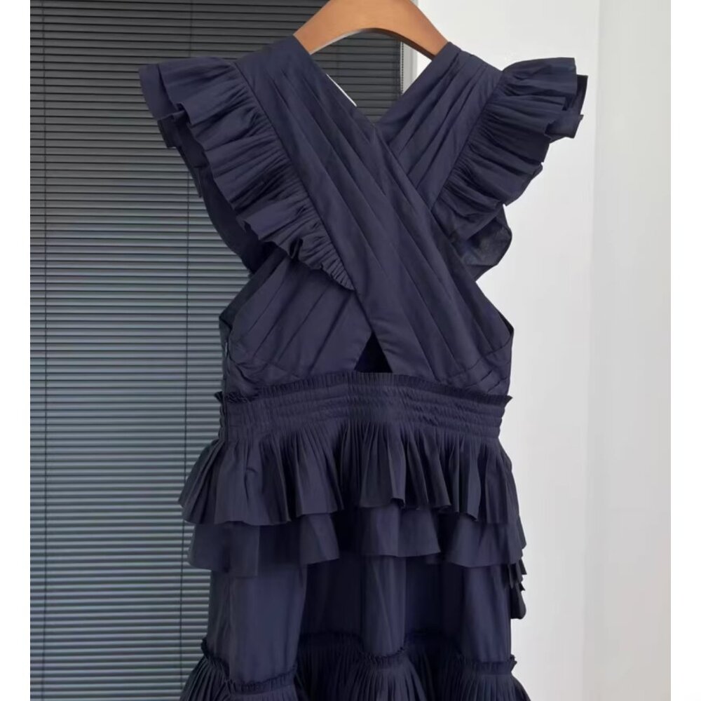 Ulla Johnson Aurore Tiered Ruffle Midi Dress Navy Sz4 Cocktail Event Party - Picture 8 of 11